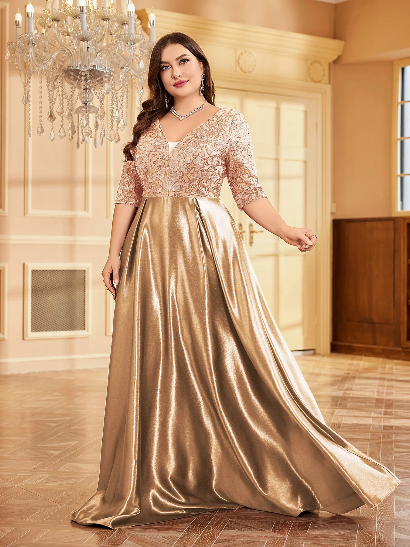 XUIBOL Evening short-sleeve V-neck sequin dress with a luxurious satin skirt and sparkling sequined bodice.