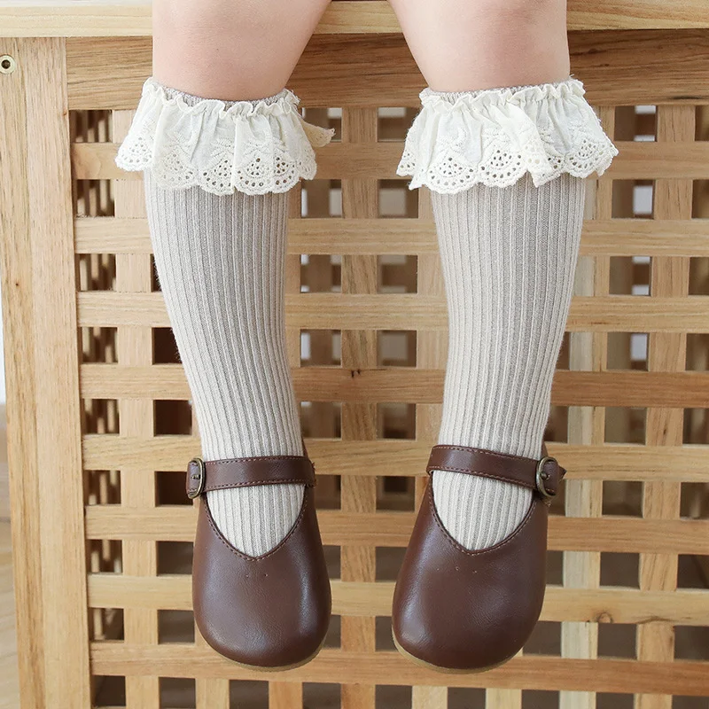 MiniAinis 2024 winter spring new baby girl Large lace middle tube sock kids girls knitted Combed cotton warm soft socks