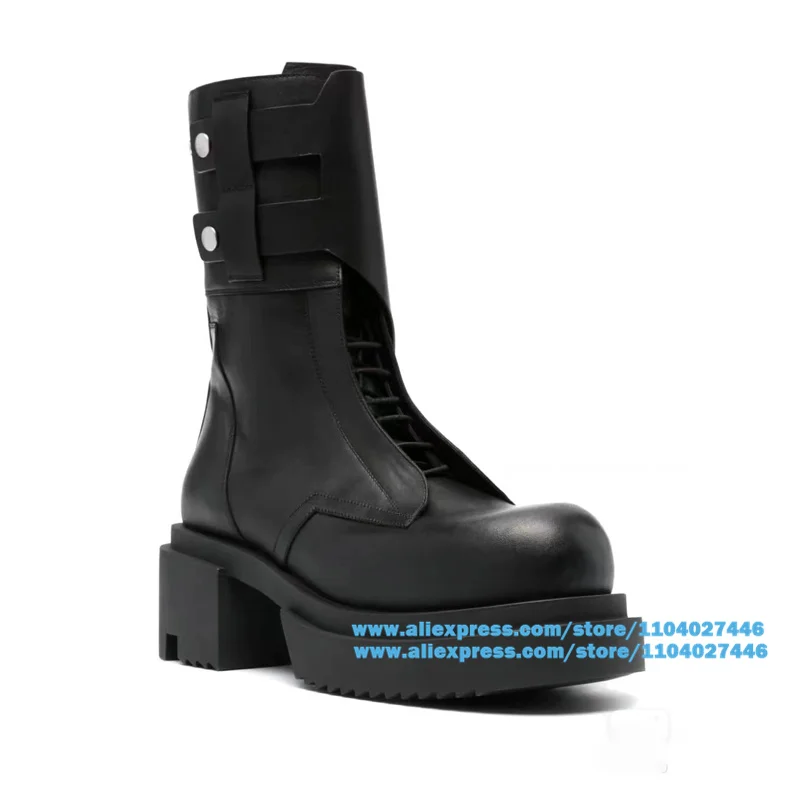 Platform High-Top Men's Boots Black Leather Lace-Up Buckles Thick-Soled Booties Trendy Handmade Round Toe Heightened Men Shoes