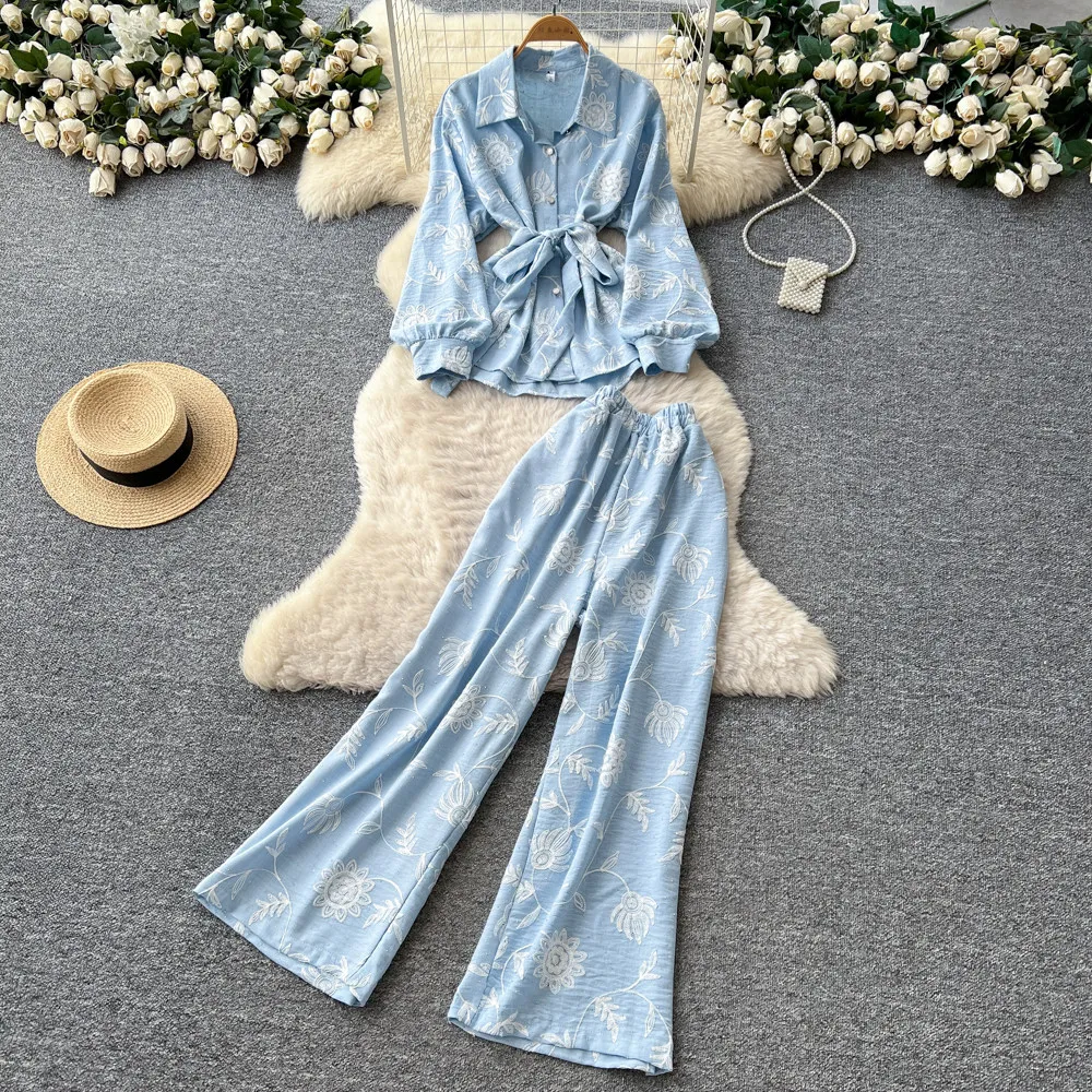 

Женские комплекты брюк из двух предметов, одинаковые комплекты с вышивкой, на шнуровке, на пуговицах, с отложным воротником, топ, широкие брюки с ампирной талией, осень 2023 г.