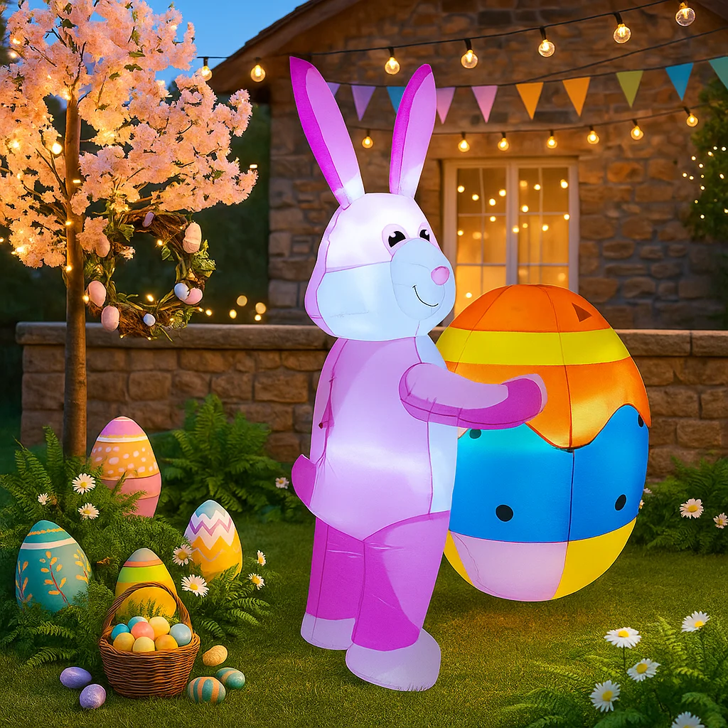 1.8メートル/6フィートのハッピーイースターインフレータブルおもちゃ、ピンクのウサギと大きな卵の装飾、LEDライト付きオーナメント、インフレータブルイースターデコレーション