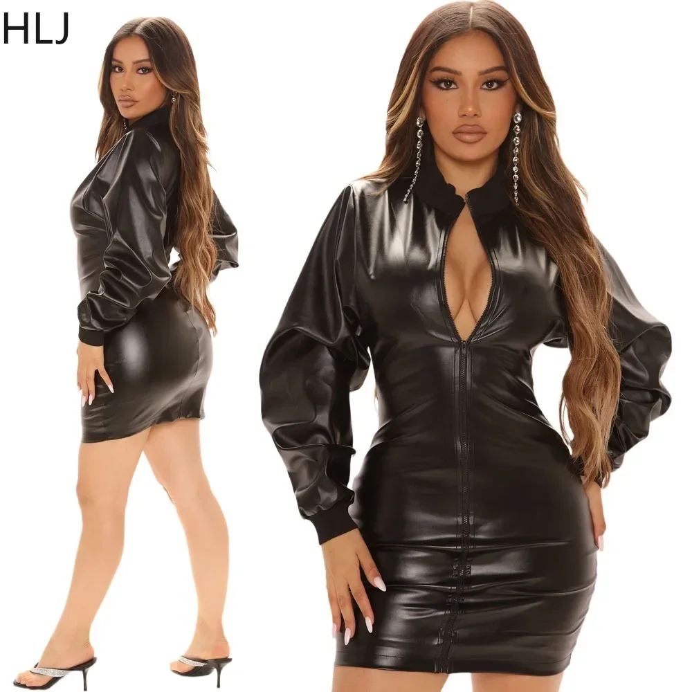 HLJ Black Sexy PU Leather Zipper Bodycon Mini Dresses Women Long Sleeve Slim Vestidos Female Solid Color Party Club Clothes 2023