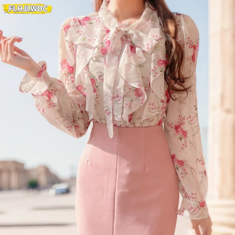 

Vintage Floral Basic Shirts Flare Sleeve Button Cute Sweet Bow Tie Girls Women Korea Japan Style Ruffled Chic Pink Tops Blusas