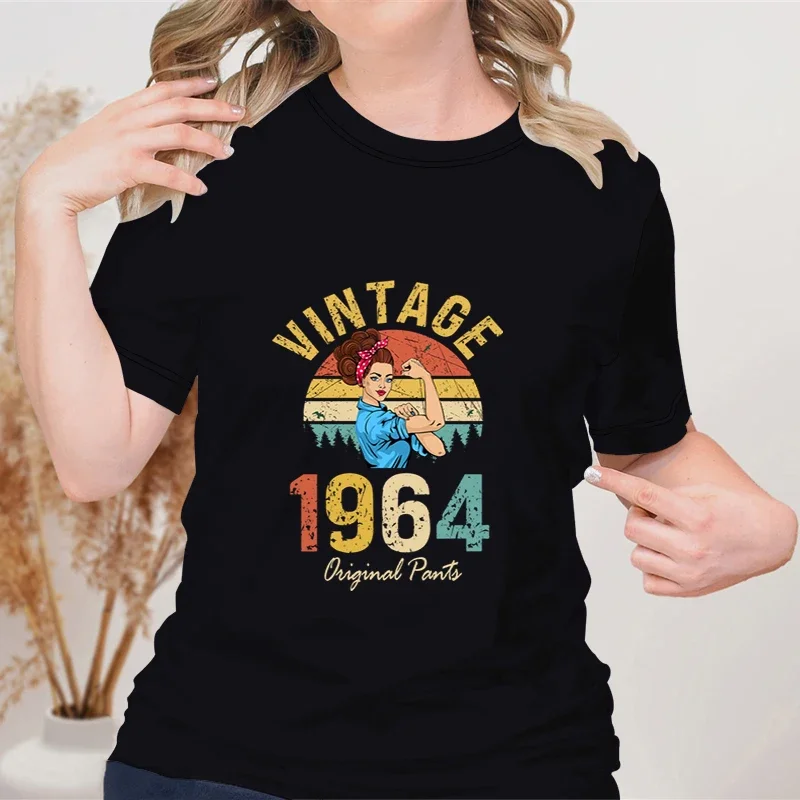 60th Birthday Gift Women Vintage 1964 T-shirt Original Parts Round Neck Classic Tops Age Clothes Retro Blouse Born 1964 T-Shirt