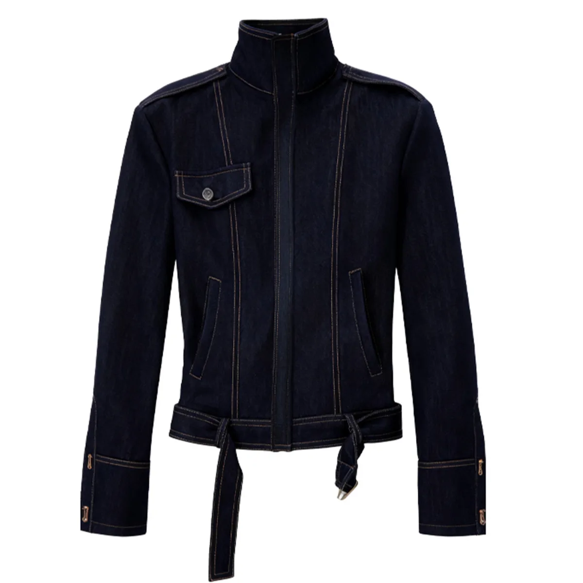 KWTX Damen-Motorradjacke aus marineblauem Denim, Stehkragen, abgeschnitten, tailliert, Vintage, elegant, lässig, Premium 2025, Herbstneu
