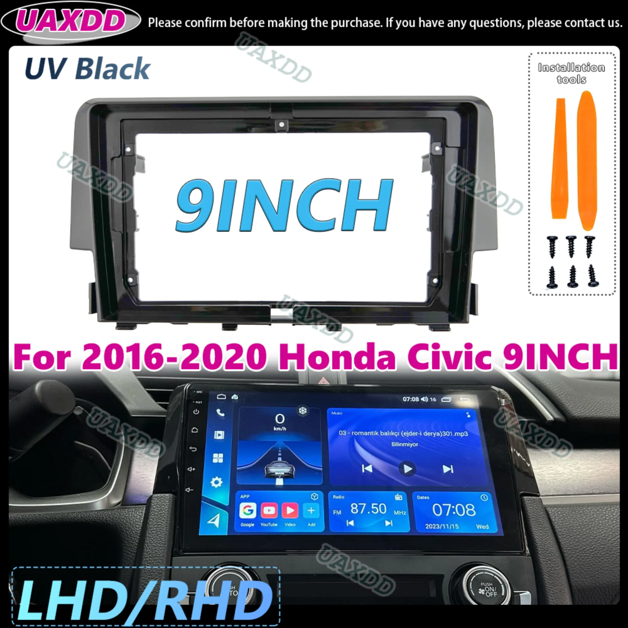 2 Din Car CD Fascia for 2016-2020 Honda Civic 9 Inch Panel Frame Plastic Accessories Automotive Center Console Dashboard Interio