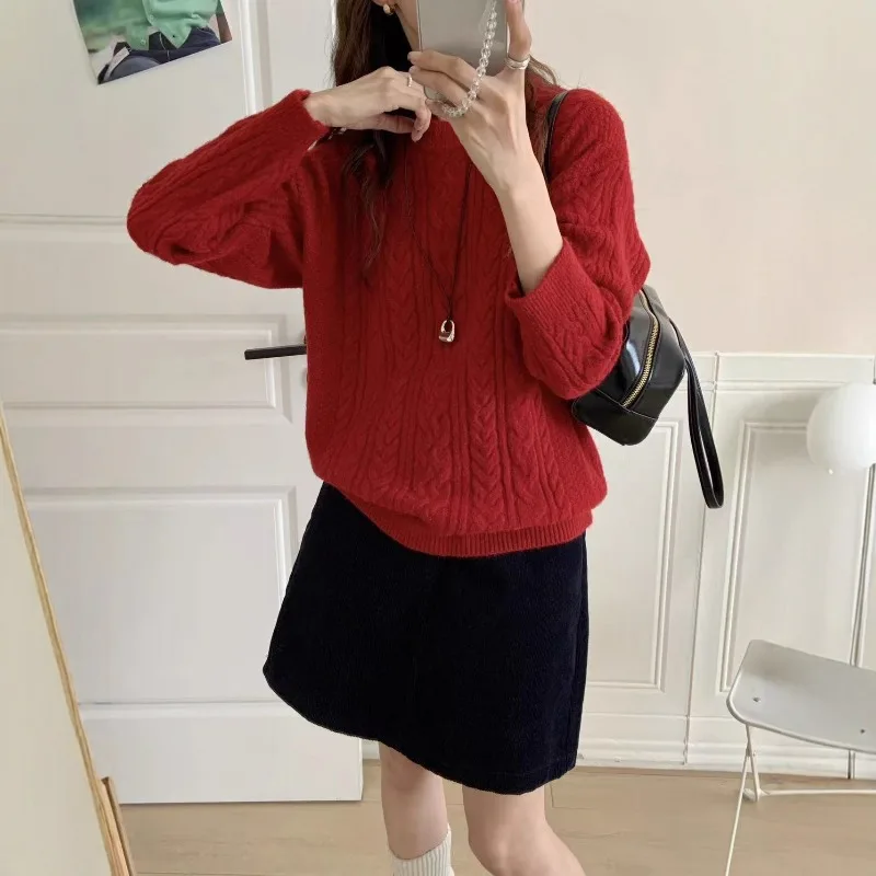 الخريف والشتاء المرأة الجديدة أنيقة محبوك جولة الرقبة البلوز سترة الكورية الراقية تصميم دافئ سترة بأكمام طويلة #4