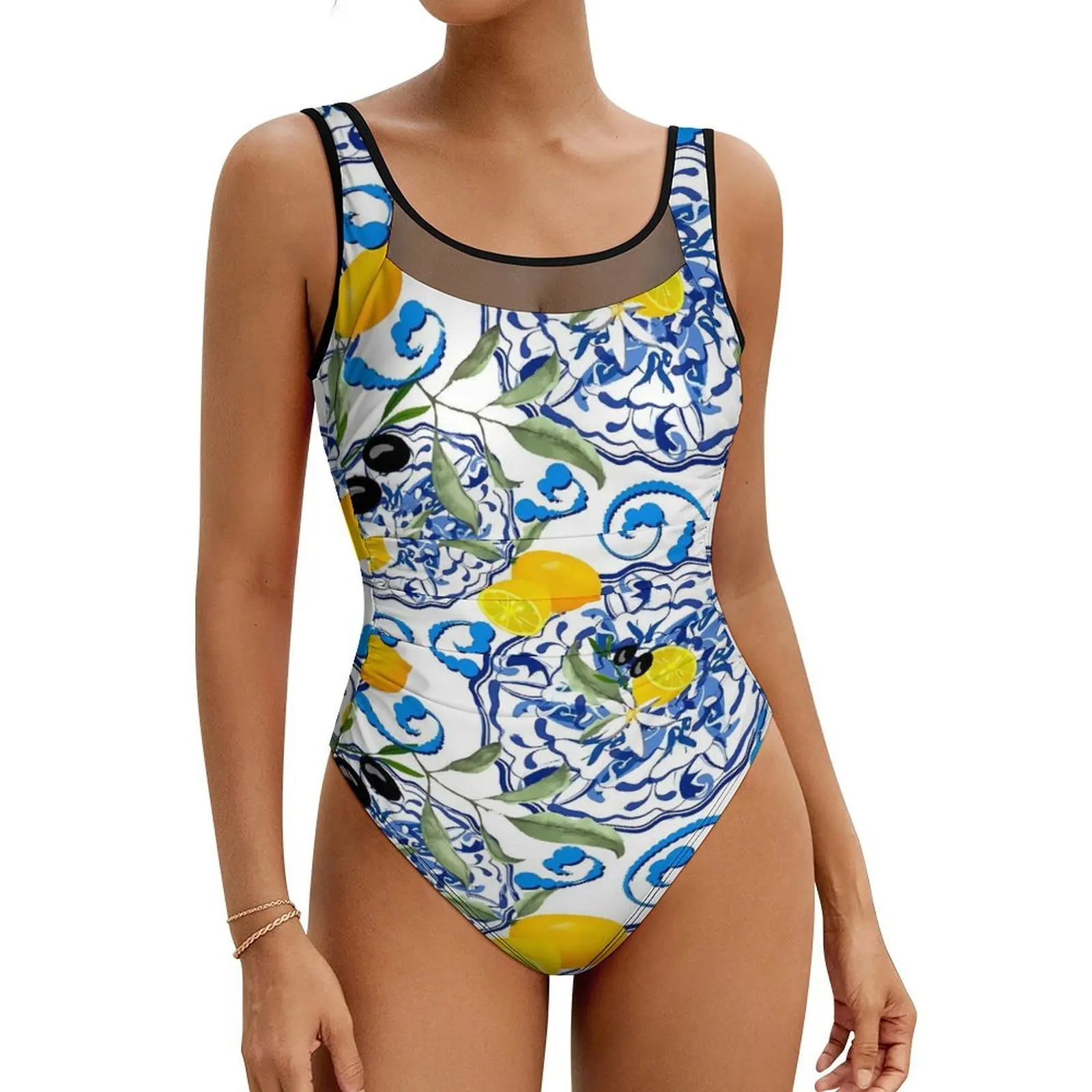 

Fruit Print Swimsuit Sexy Yellow Lemon Women Swimwear One Piece Fashion Swimsuits Holiday Pool Push Up Mesh Monokini