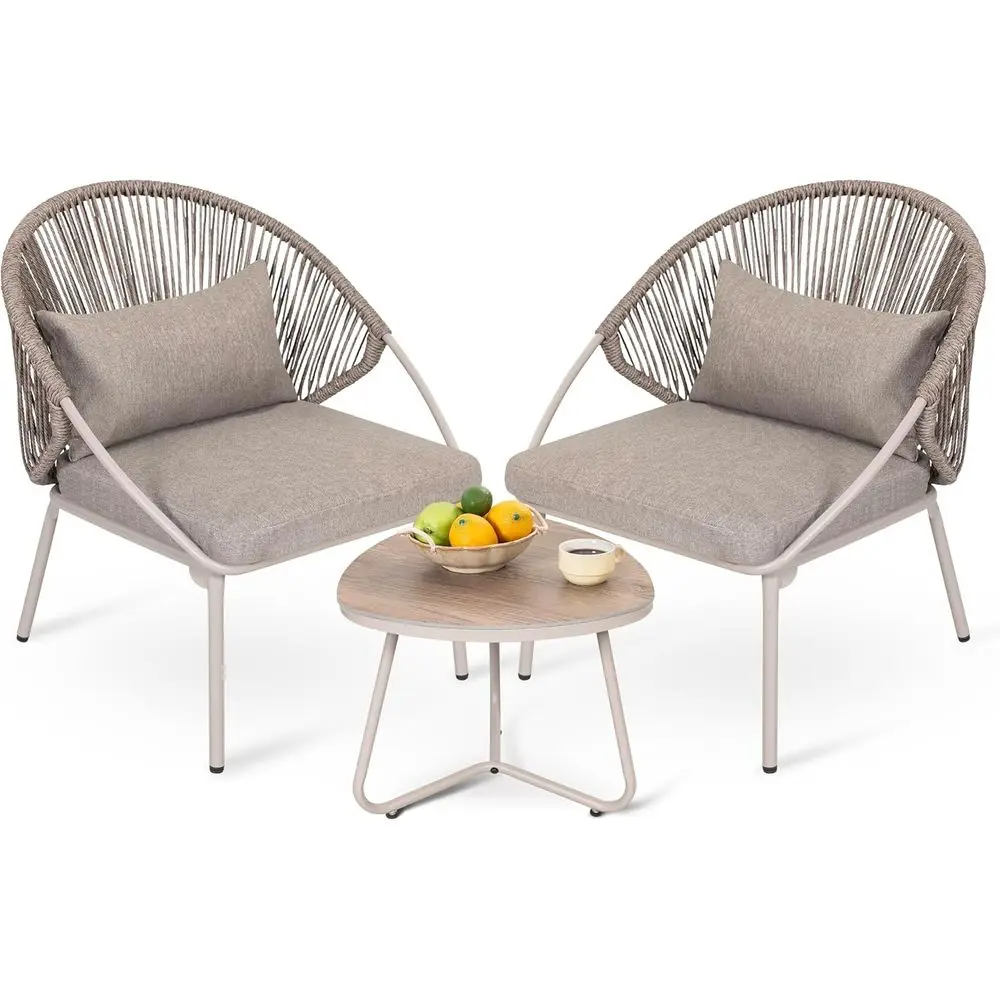 

Weather-Resistant 3-Piece Bistro Set with Woven Rope Chairs and Cushions for Patio, Deck, or Balcony