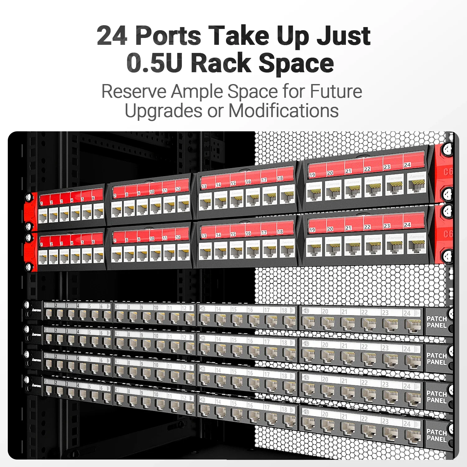 AMPCOM 0.5U Blank Keystone Patch Panel, 24 Ports 19 inch Rack or Wall Mount with Rear Cable Management Panel for Ethernet Cable