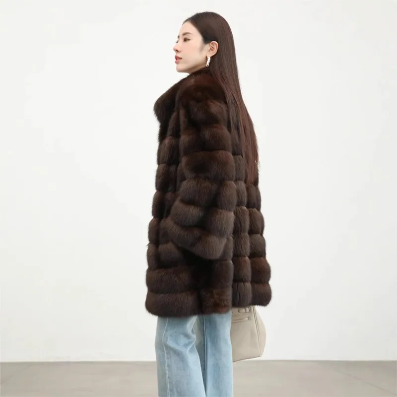 معطف جديد متوسط الطول باللون الأرجواني والأسود والذهبي مع فرو للنساء #4