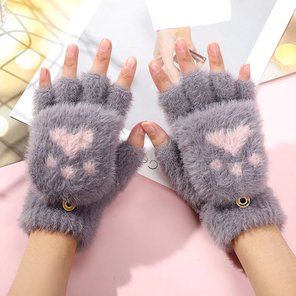 Cute Convertible Flip Gloves Winter Warm Office Typing Plush Cat Paw Fingerless Mittens Study Soft Kawaii Women Gloves Student