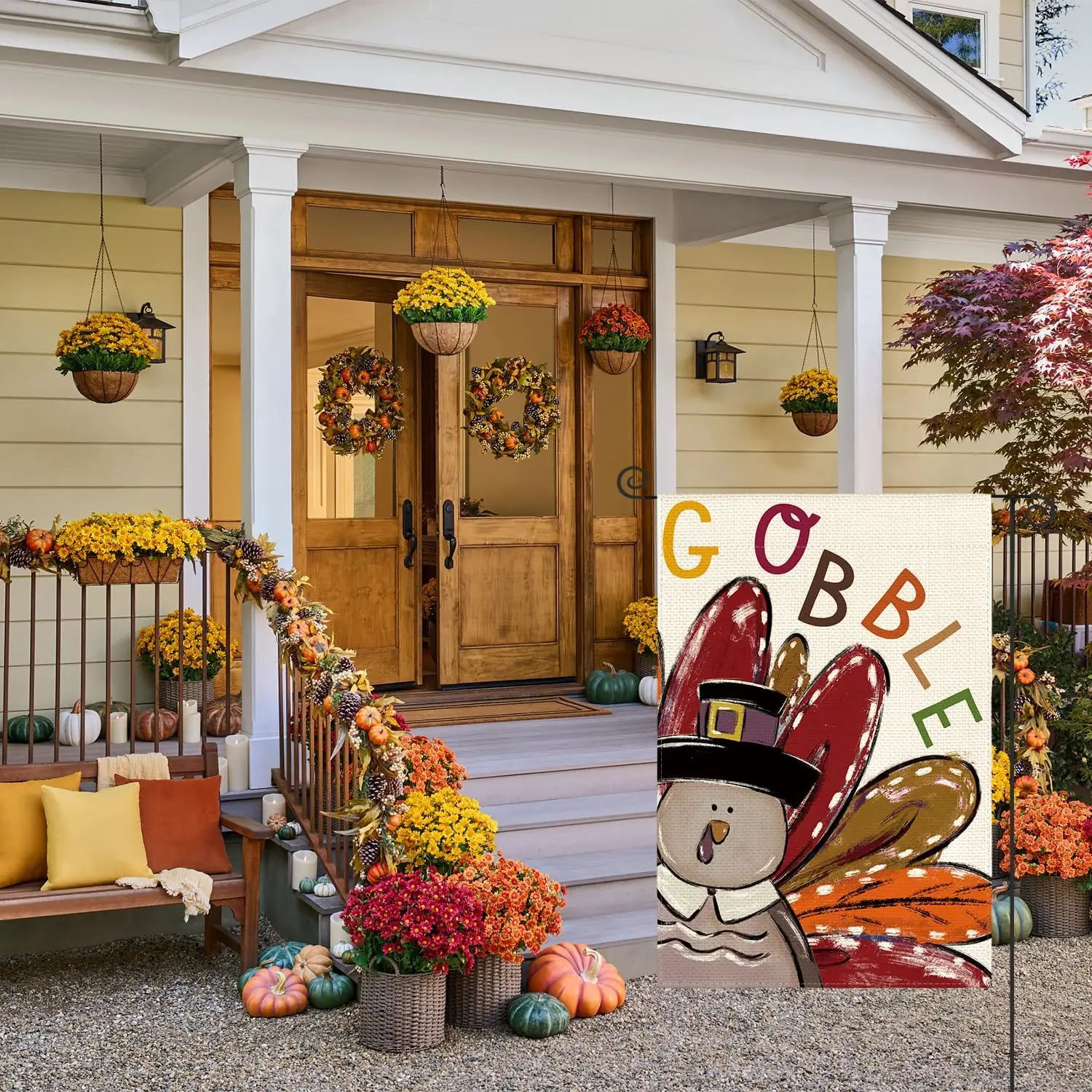 AVOIN colorlife Thanksgiving Turkey Garden Flag 12x18 Inch Double Sided, Gobble Harvest Holiday Yard Outdoor Decorative Flag