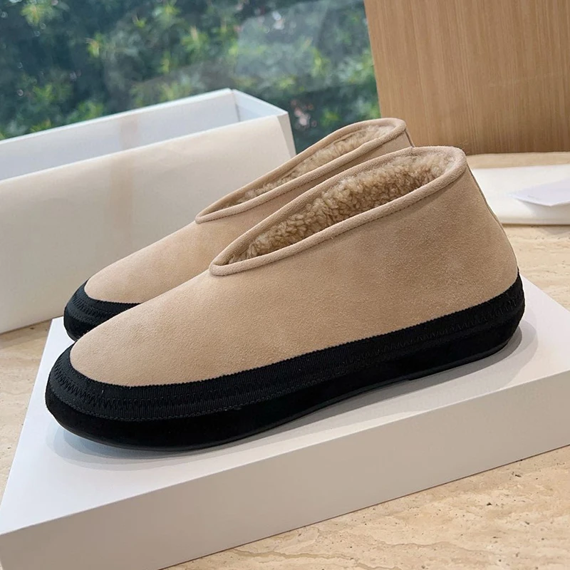 

Новые зимние ботинки из коровьей замши с круглым носком и толстой подошвой, женские разноцветные лоферы с шерстяной подкладкой, зимние ботильоны с неглубоким носком