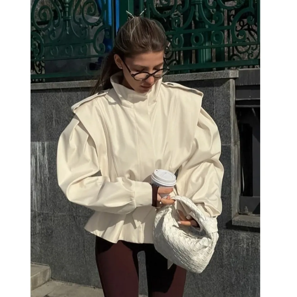 Fashion High Collar Coat Jacket Long Sleeve Waist Tie Outer Wear Relax Fit Peplum Hem Work Blazer Daily Outfit