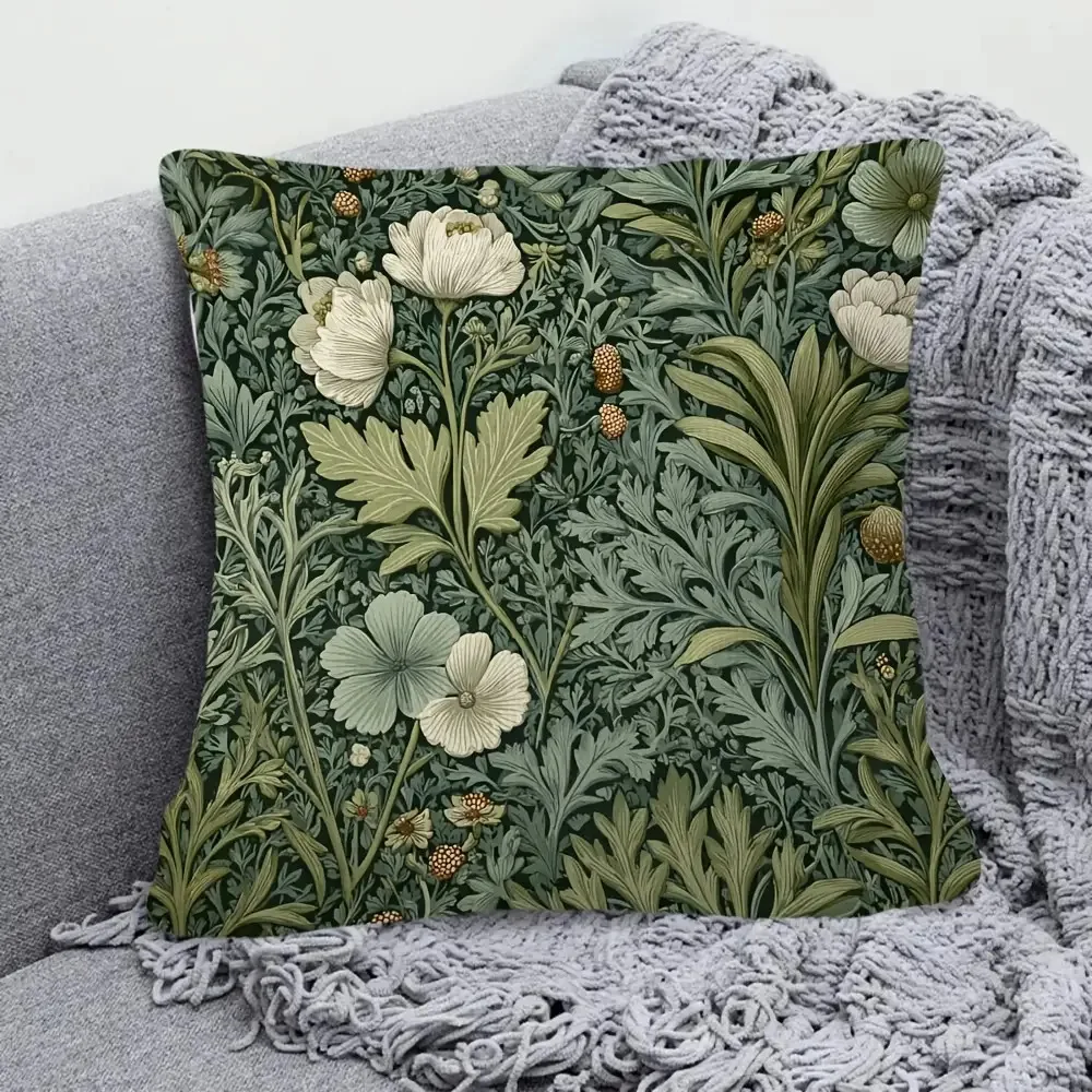 1PC Vintage Sage Green Pillow Cover with Forest Weeds Design, for Sofa, Living Room & Bedroom