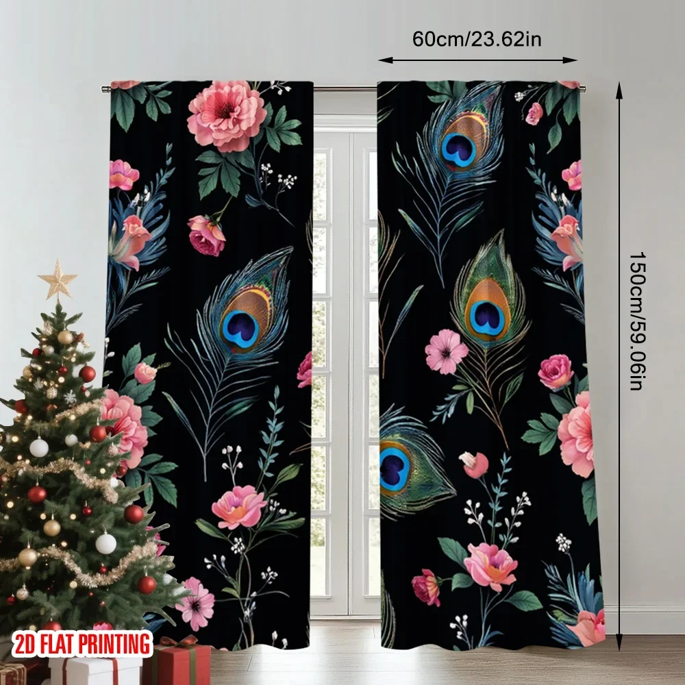 2 قطعة 2D الطباعة المسطحة نافذة العلاج الستائر ريش الطاووس الأزهار التطريز الرقمية المطبوعة البوليستر الستائر كل موسم #2