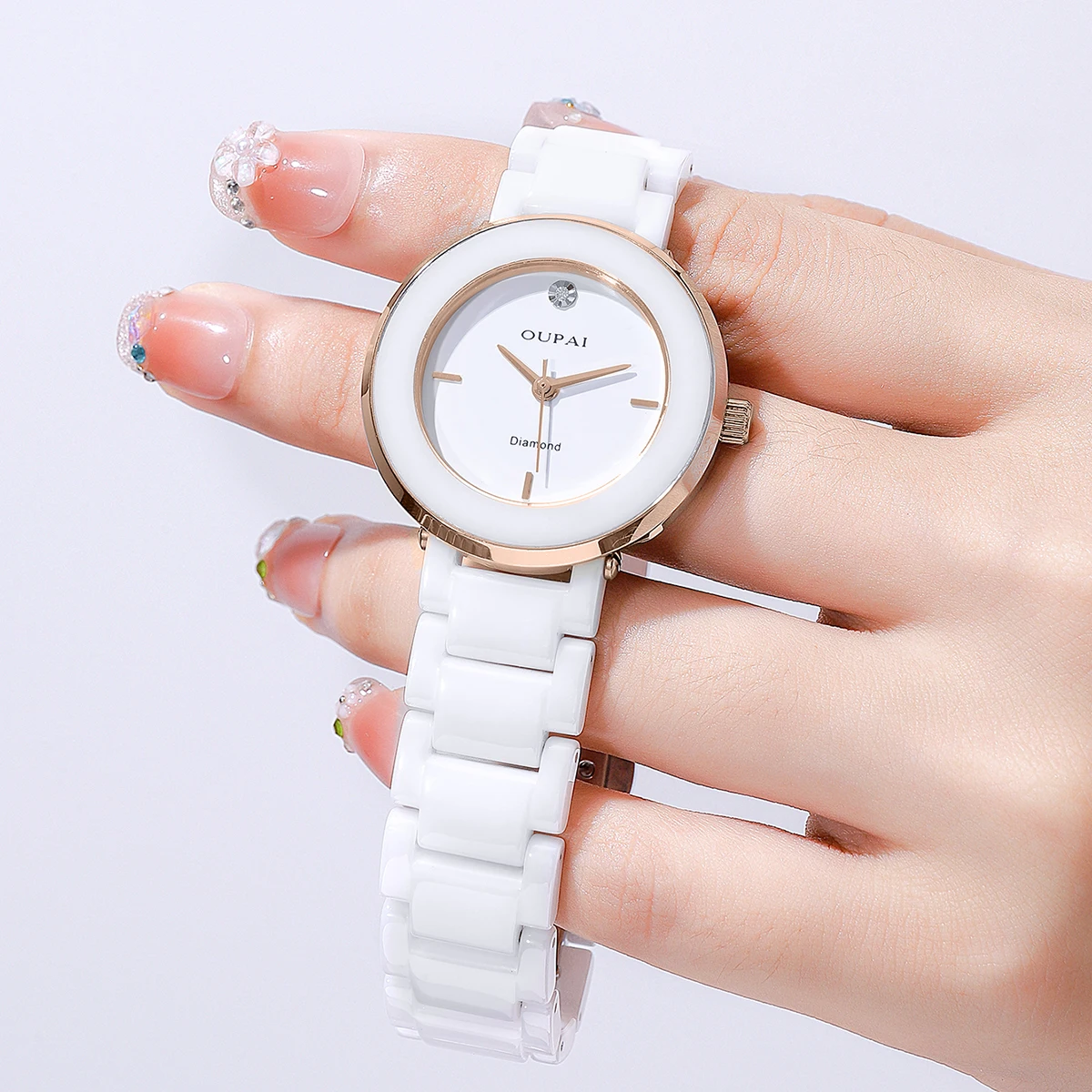 Oupai round shape elegant white ceramic strap watch women\'s quartz set diamond scratch resistant fashion simple women\'s watch