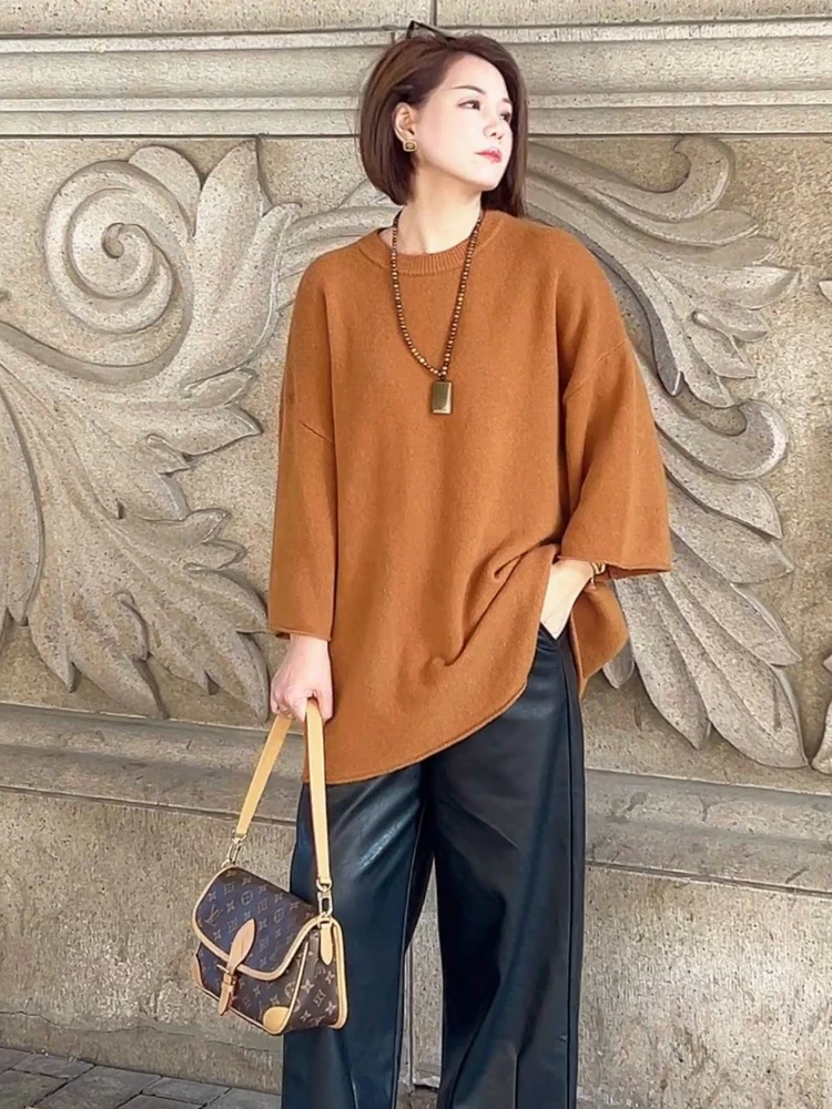 

Свободный женский вязаный свитер, шерстяной, однотонный, Y9275, круглый, Ne Long Sve, трикотаж средней длины