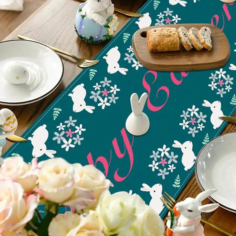 Rabbit Table Runner Rabbit Flowers Tablecloth For Home Table 72x13 Inch Easter Table Runner Flag Placemat Happy Easter Linen