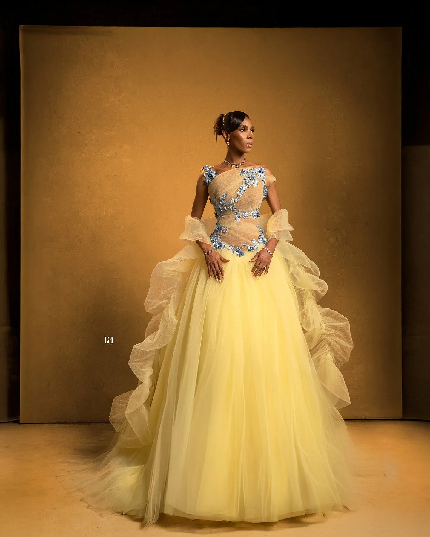 Romantic Yellow Off Shoulder Ball Gown Blue Floral Applique and Ruffled Tulle Skirt Evening Dress Vestido Customized B262333