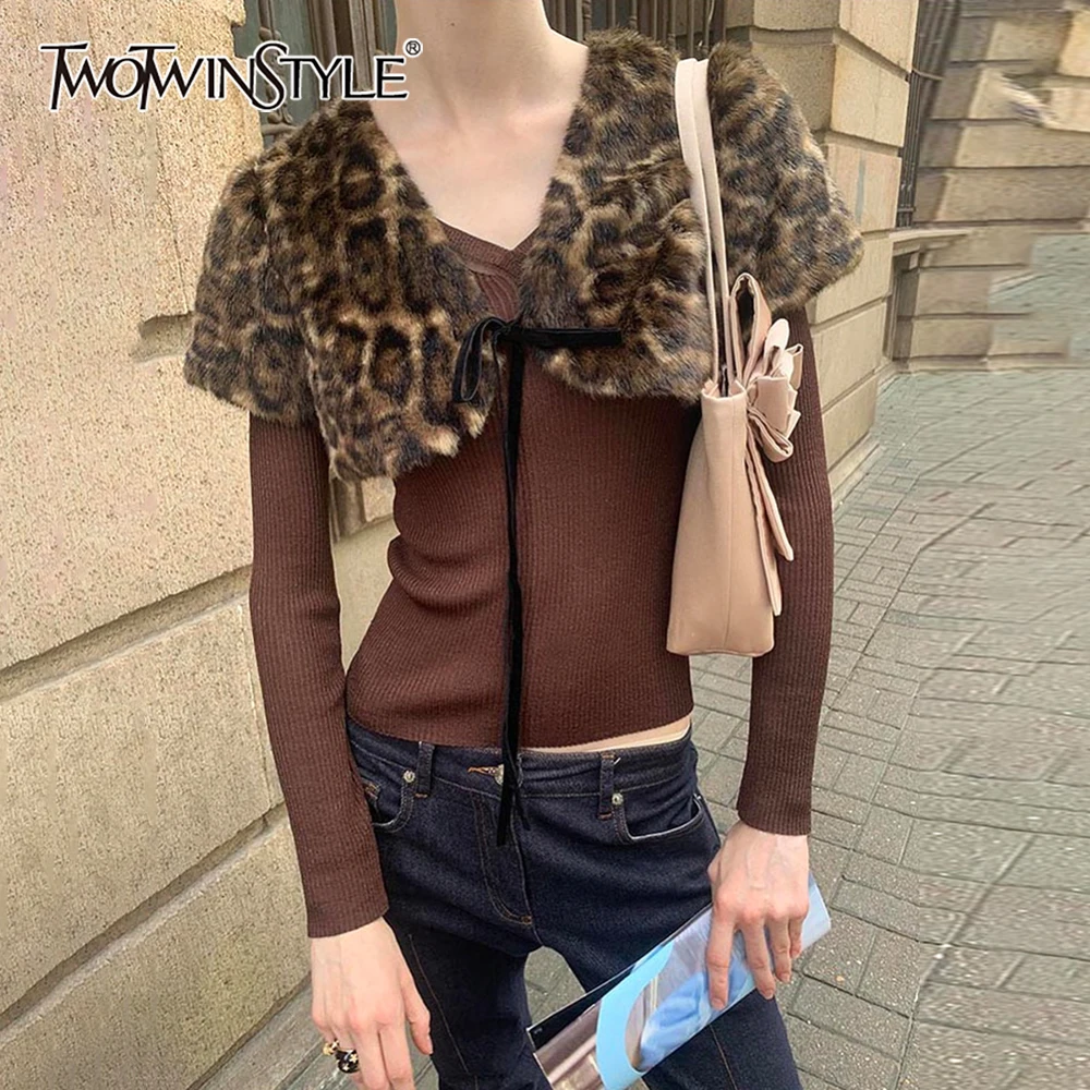 

TWOTWINSTYLE Leopard Spliced Lace Up Jacket Female V Neck Short Sleeve Loose American Retro Women's Jackets Autumn Fashion New