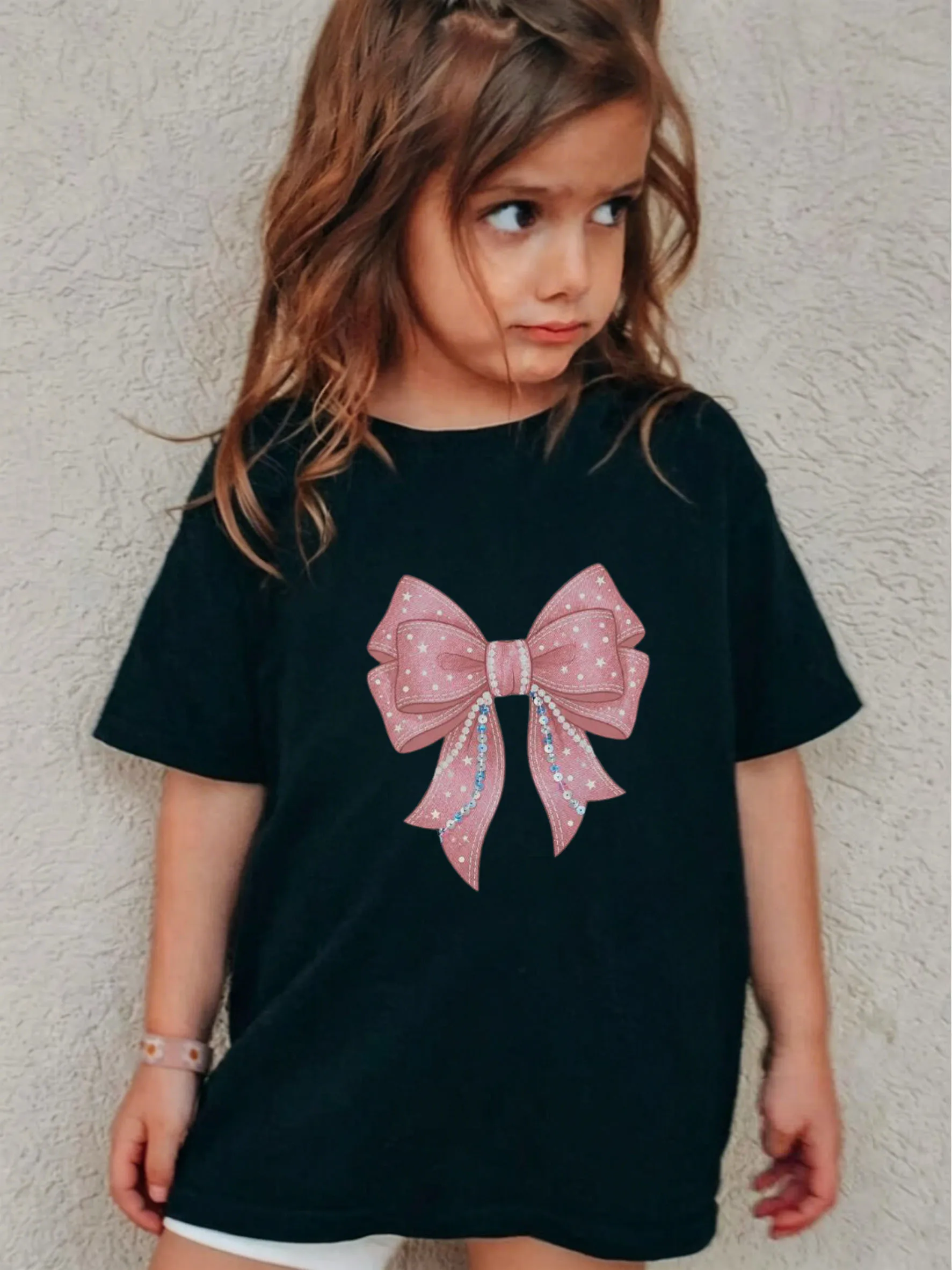 Girls' Pink Starry Pearl Bow Short-Sleeve T-Shirt, Sweet Denim Pattern Rhinestone Bow Kids Top
