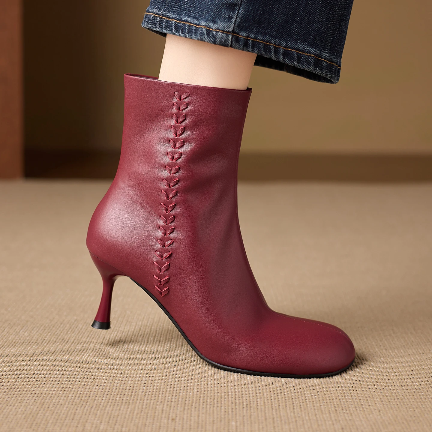 New 2027 Genuine Leather Boots Women Round Toe Stiletto Heel Ankle Boots Black Red Autumn Winter Short Booties Size 34-43 view 2