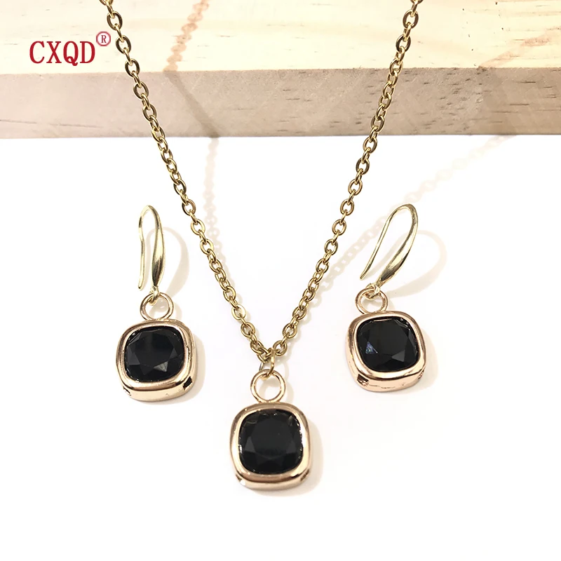 Colorful Clear Small Square Glass Pendant Necklace For Women Stainless Steel Chain Fashion Earrings Jewelry Accessories Set Gift image 4