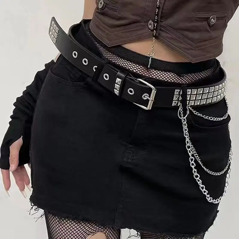 New Fashion Trendy Punk Men's and Women's Belts Metal Personalized Rivet Belt Hanging Chain Belt for Women Dress with Belt