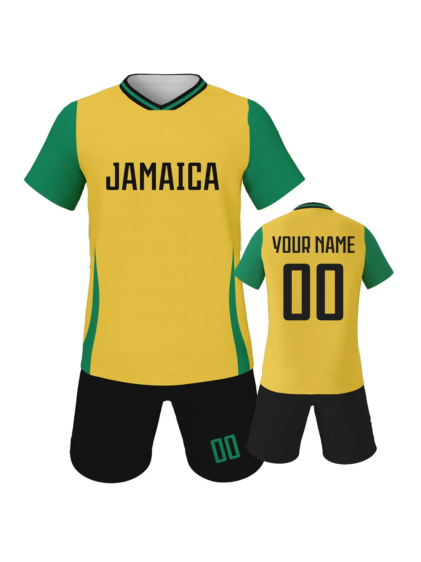 Aangepaste Jamaica kindervoetbaltenue, gepersonaliseerde voetbalshirts, shorts met naamnummer, jeugdteamuniform voor jongens en meisjes
