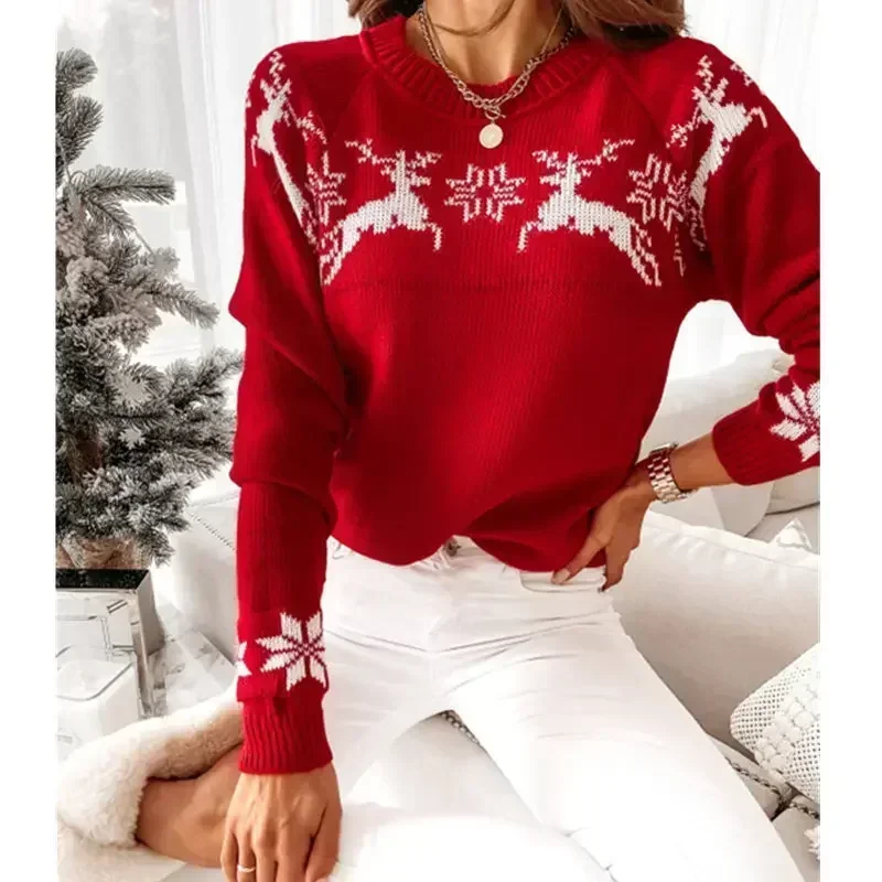 

2024 Winter New Women Christmas Knit Sweaters Elk Print Jacquard Knitwear Long Sleeve O Neck Pullover Top Soft Warm Y2K Clothes