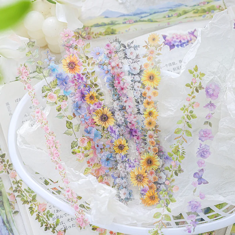 20pcs Vintage style long strip flower PET sticker bag ins hand tent border landscaping decorative stickers Junk Journal Supplies