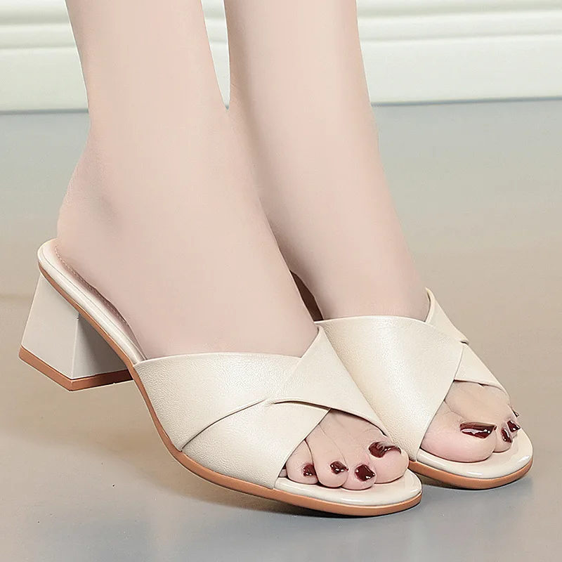 2024 New Summer Versatile Slippers Women High Heels Square Head Fashion Female Sandals Soft Leather Summer Shoes Simple