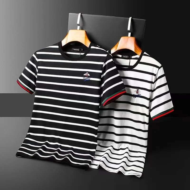 

and American high-grade European little bee embroidery short sleeve t-shirt men's round neck large 2023 summer casual STRIPE TOP