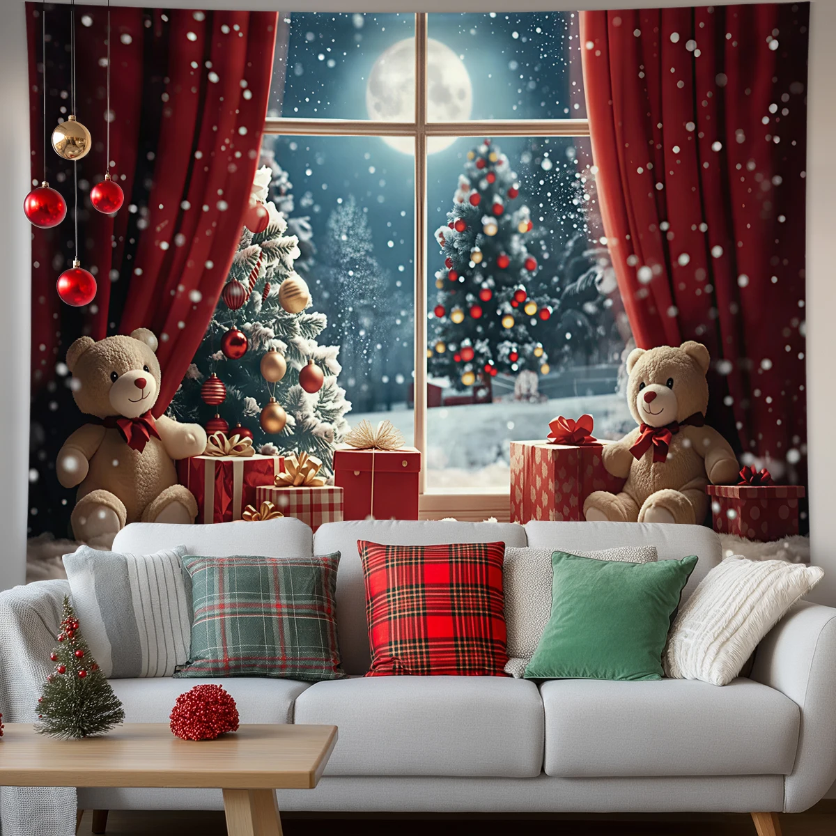 1個のクリスマスレッドカーテンテディベアギフトパターンタペス - Photography Aesthetic のレビューと価格