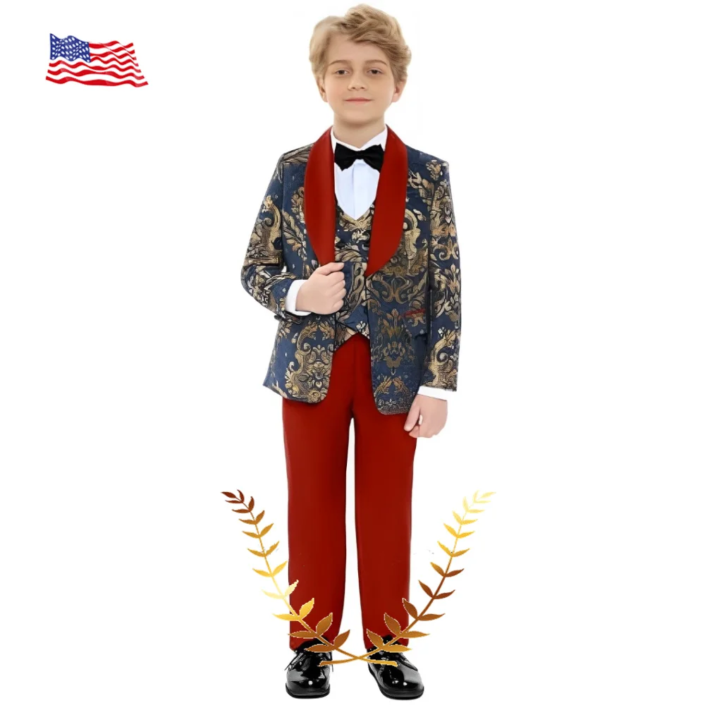 

Gold Floral Boys Suit Formal Slim-fit Jacket Pant Vest 3 Pieces Set Wedding Tuxedo High Quality Blazer for Kids