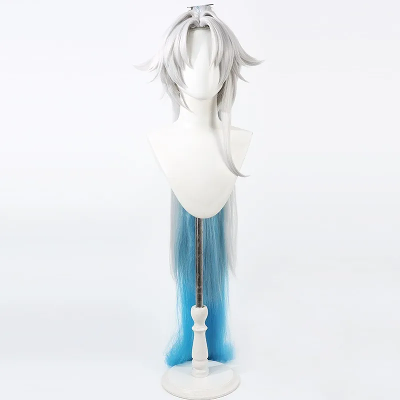 혼카이: 스타 레일 페이샤오 코스프레 가발 실버 화이트 그라데이션 포니테일 두피 할로윈 선물