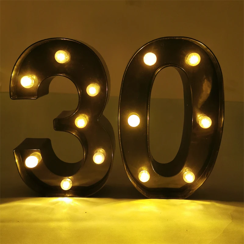 2Pcs Adult 30th 40th 50th 60 Black Number LED String Night Light Lamp Happy Birthday Anniversary Decoration Event Party Supplies