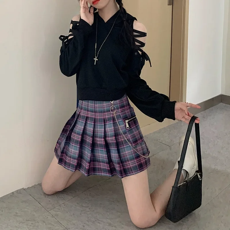 New Autumn Winter Women Punk Gothic Black Velvet Hoodies Hollow Out Long Sleeve Hooded Sweatshirt Casual Pullover Dark Academia