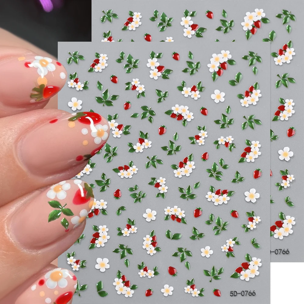 1/2 Stück 5D Jelly Erdbeer-Weiße-Blumen-Nagelkunst-Aufkleber, grüne Blätter, rote Früchte, Nagelsticker, Frühlingsblumen, Maniküre-Dekorationen 1