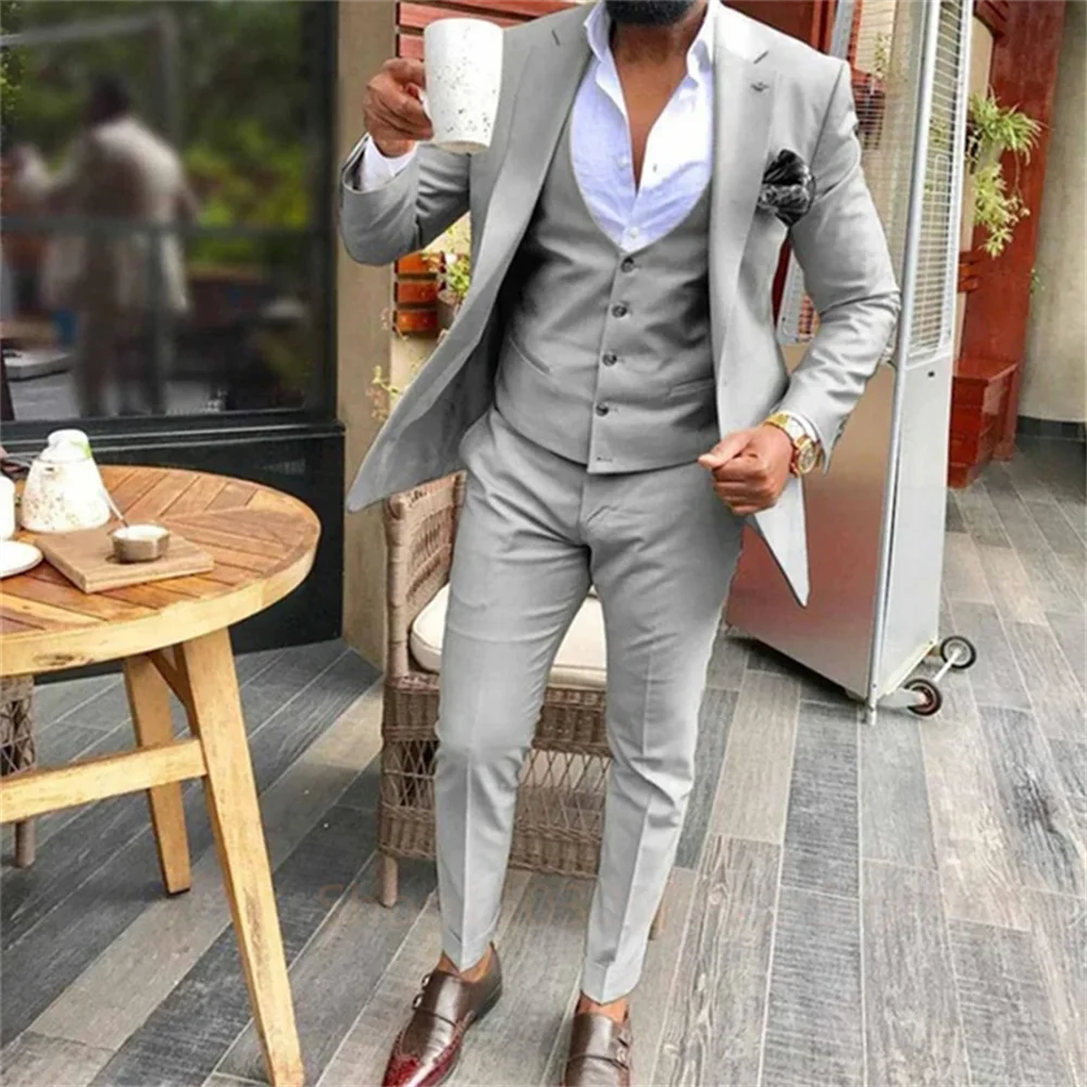 Full Men\'s Suit 2024 New in Solid Color Slim Blazer Pants Vest 3 Pieces Sets Elegant Formal Party Business Wedding Male Suits