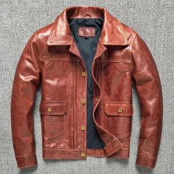 506 Tooling Vintage Red Brown Natural Cow Leather Jacket Men Oil Waxed Cowhide Genuine Leather Coat Fashion Slim Male Clothes