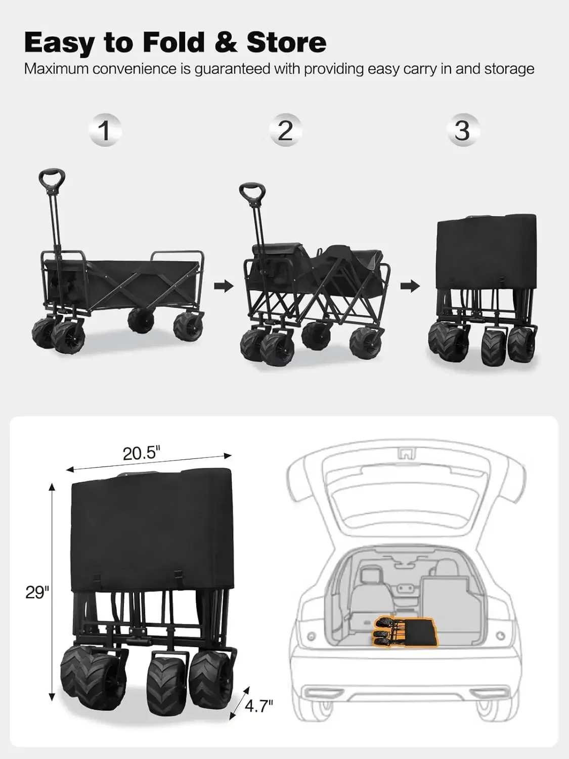 Collapsible Folding Wagon, Heavy Duty Foldable Wagon with 400lbs Weight Capacity, Beach Wagon with Big Wheels