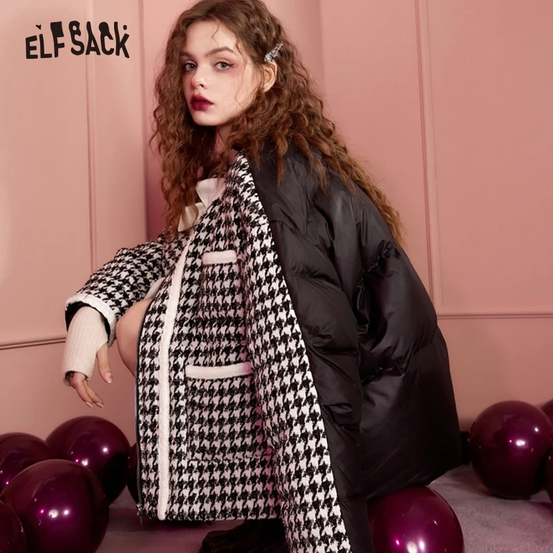 ELFSACK Spliced Plaid Warm Down Coats Women 2022 Winter Loose Short Casual Coats