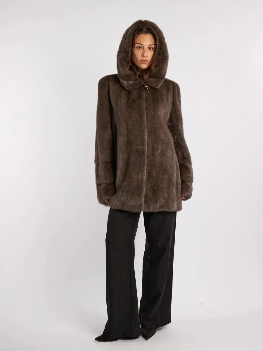 IG Women Brown Hooded Single Button Mid-Length Faux Fur Coat, Side Pockets, Winter Warm Vintage Elegant Commute Outerwear