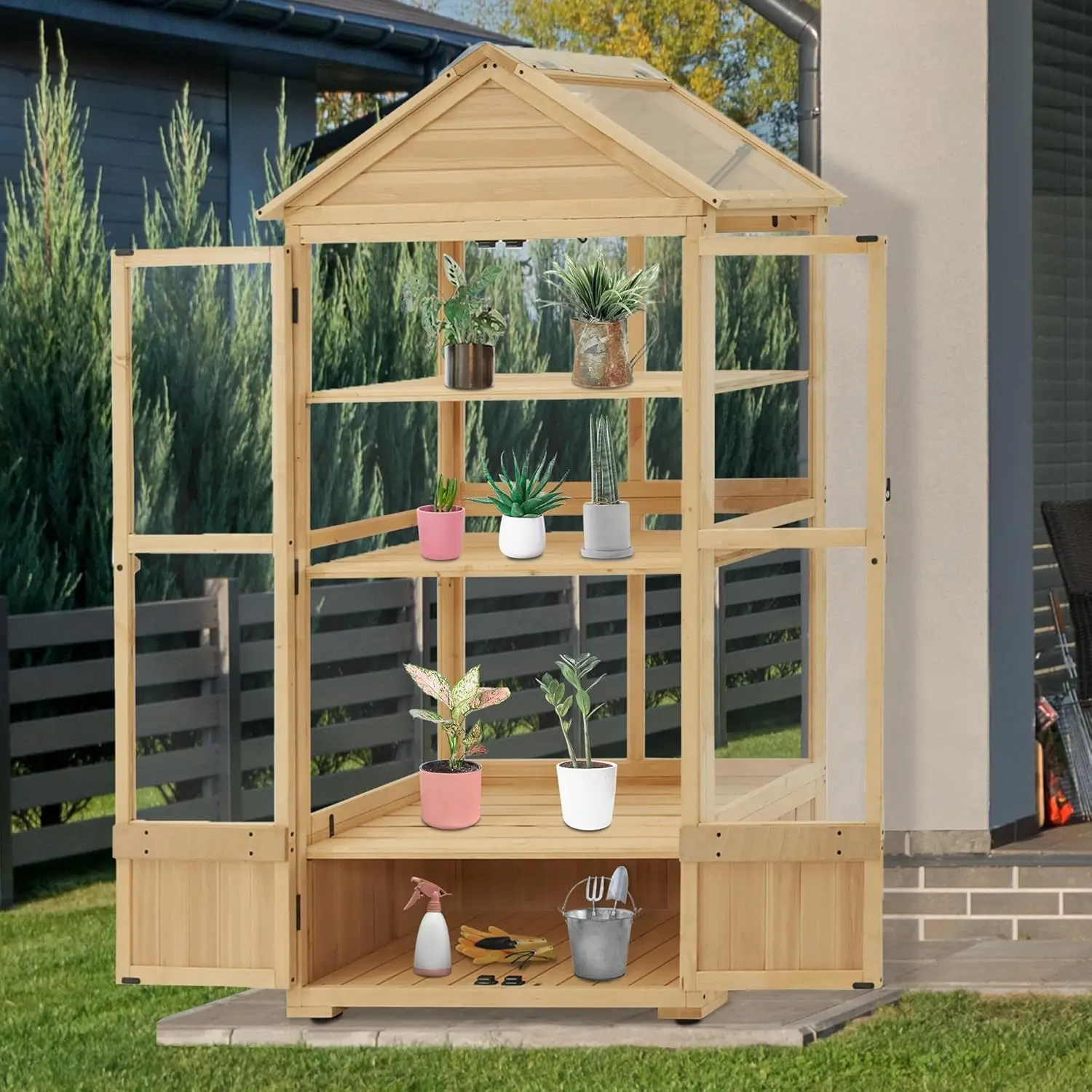 Cold Frame Greenhouse, 3 Tier Wooden Greenhouse Cabinet with Adjustable Shelf, Garden Cold Frame Shed for Outdoor Indoor Use