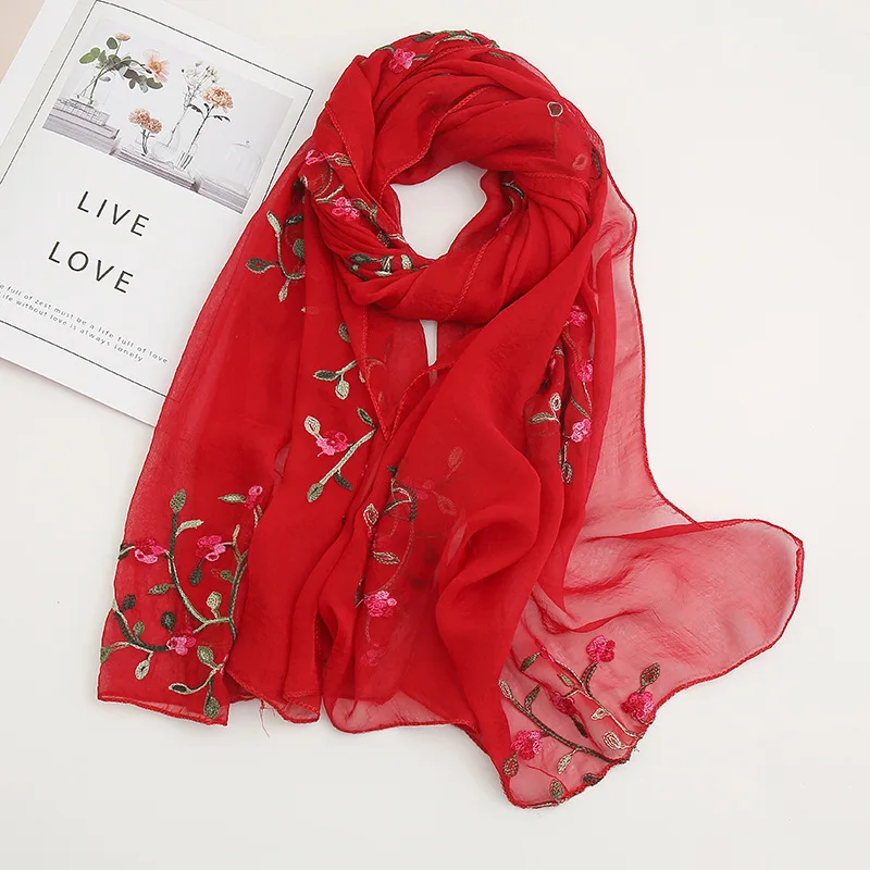 Chinese Style Embroidered Chiffon Hijab Scarf for Muslim Women – Peach Blossom Design, Elegant Long Wrap 4
