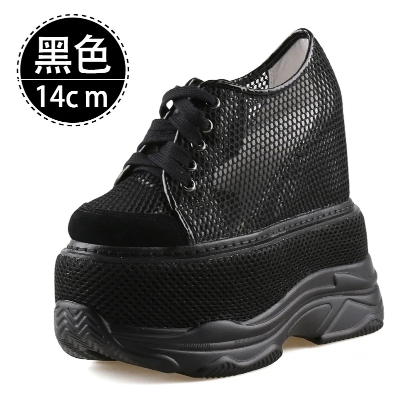 Summer Mesh Breathable Comfort 16cm Height Increasing Shoes for Women's Thick Soled Sponge Cake Sneakers Leisure Elevator Shoes