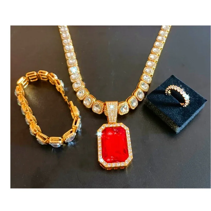 

Men African Gold Color 12mm Baguette Tennis Choker Chain Jewelry Sets Iced Out Square Faux Ruby Pendant Necklace Bracelets Sets